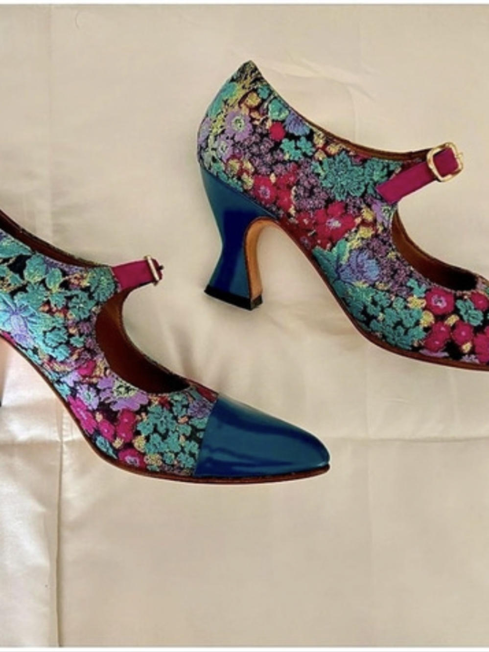 John Fluevog Baroque Tapestry Heels Blue Patent Floral Jacquard Gold Buckle 3"